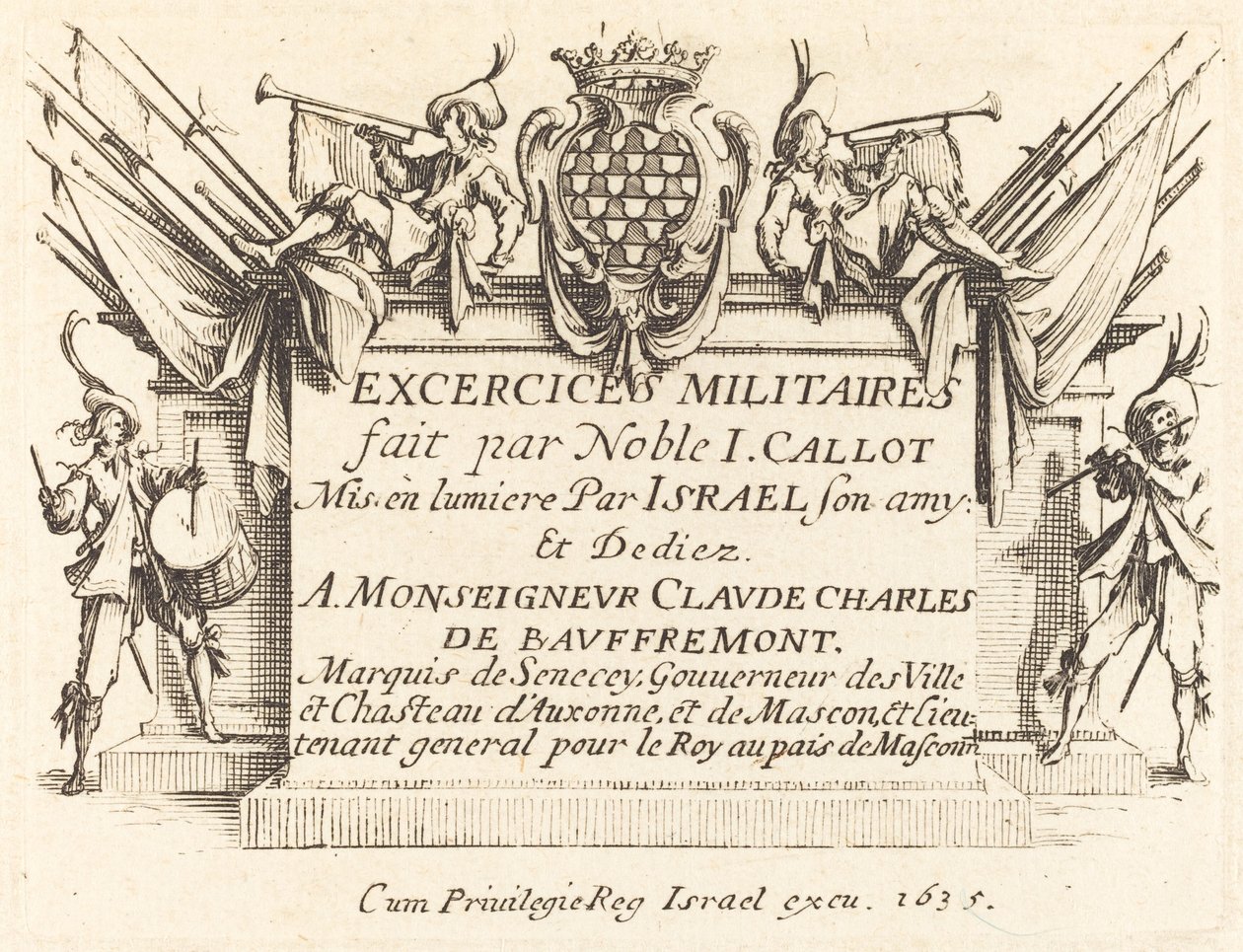 Titelpagina voor De militaire oefeningen, 1634-1635 door Jacques Callot