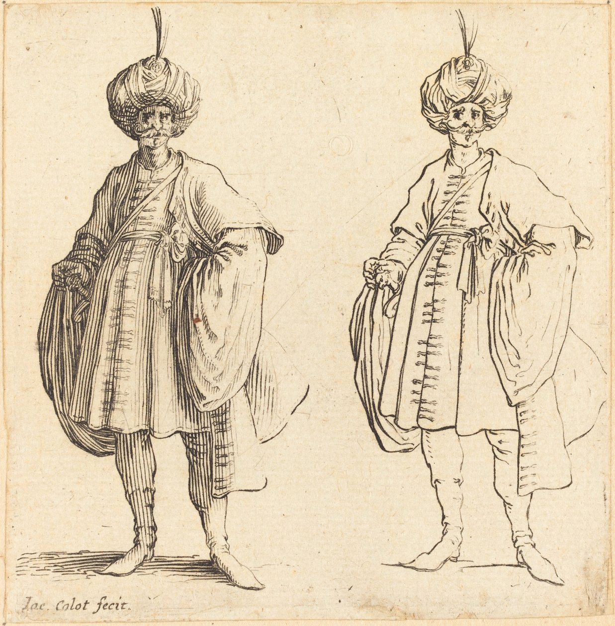 Twee Turken gekleed in tulbanden met een pluim door Jacques Callot