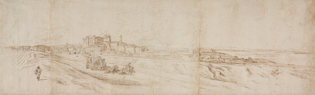 Uitzicht op Het Castello Bracciano, nabij Rome met koets en figuren door Jacques Callot