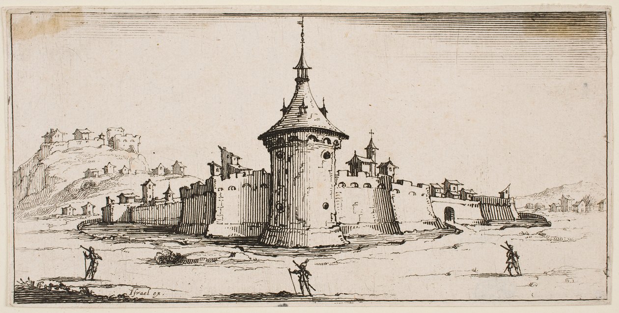 Gezicht op een versterkt dorp door Jacques Callot