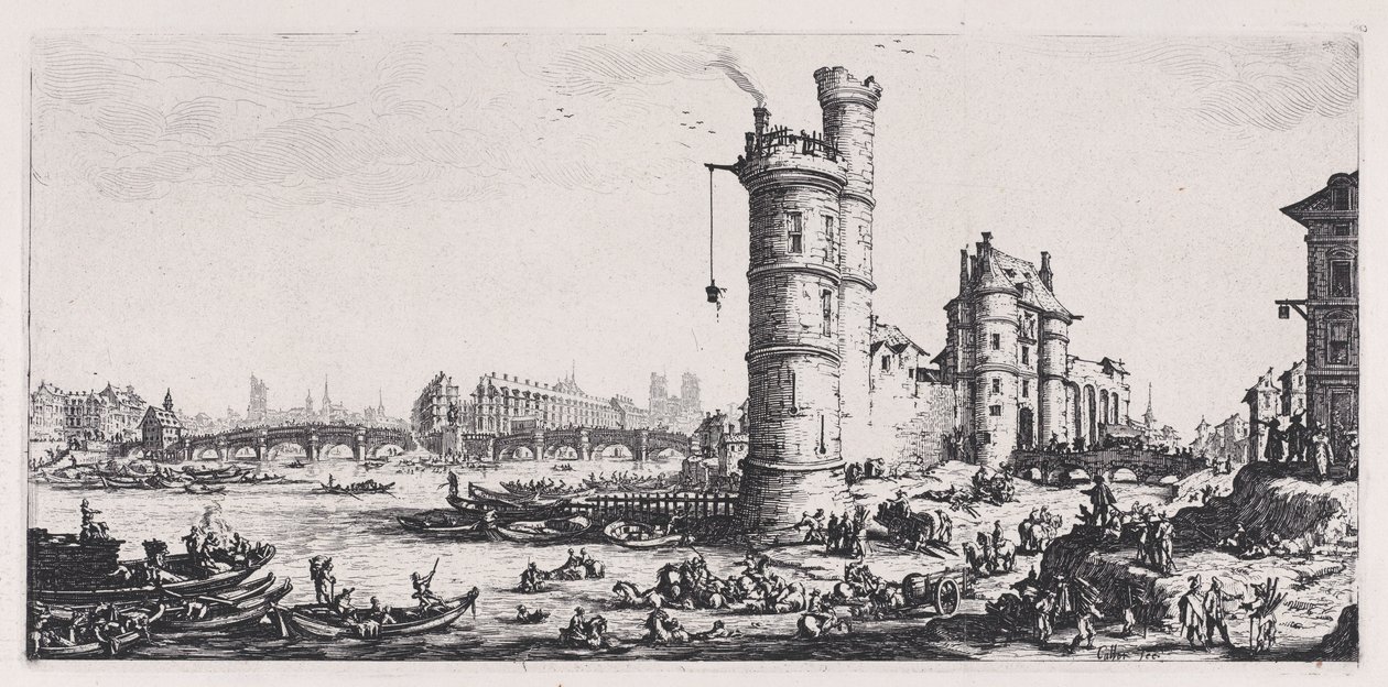 Uitzicht op de Pont-Neuf (View of the Pont-Neuf), uit „Les Deux Grandes Vues de Paris“ (De twee grote uitzichten op Parijs) door Jacques Callot