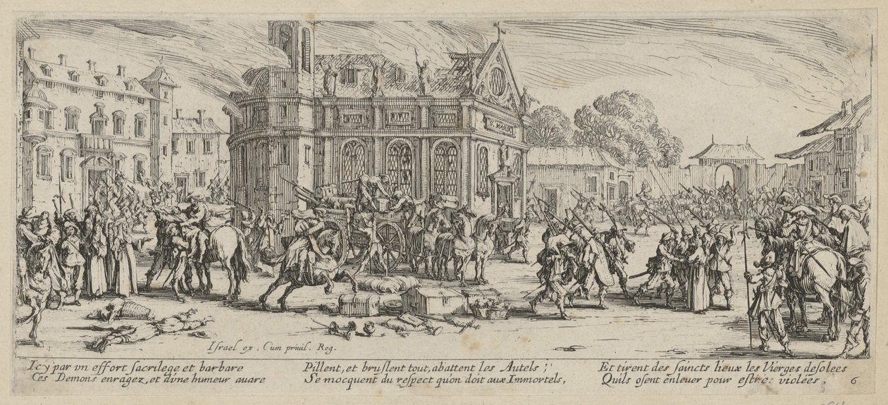 Vernietiging van een klooster, blad 6 van de serie „De verschrikkingen van de oorlog” door Jacques Callot