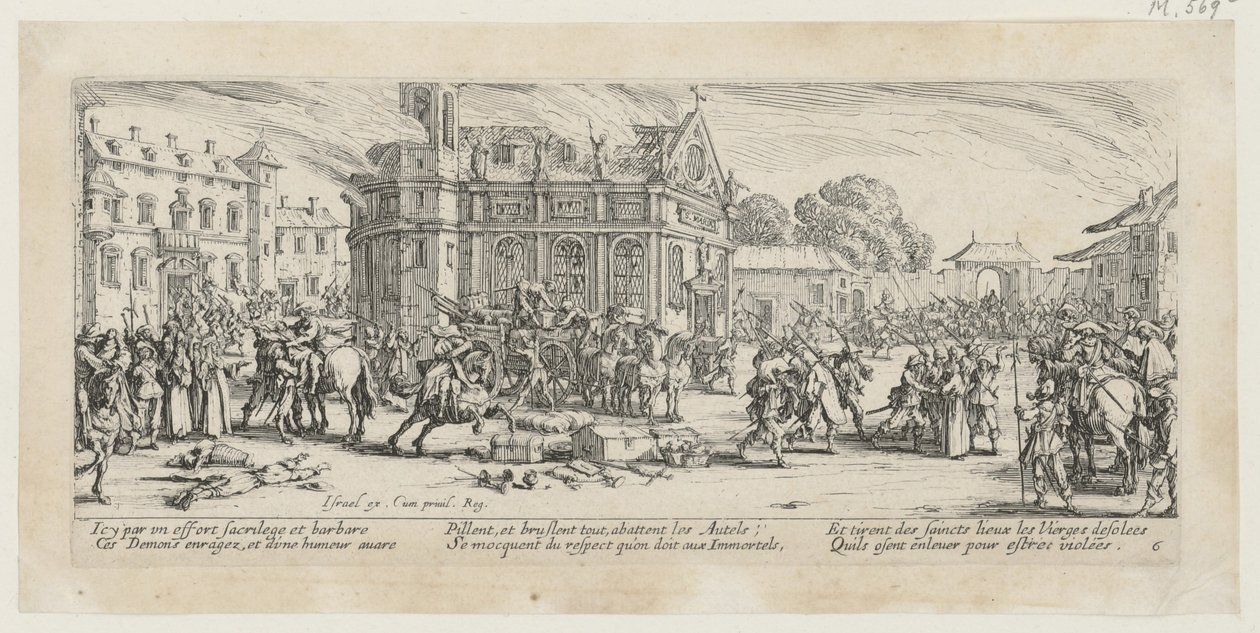 Vernietiging van een klooster, blad 6 van de serie „De verschrikkingen van de oorlog” door Jacques Callot