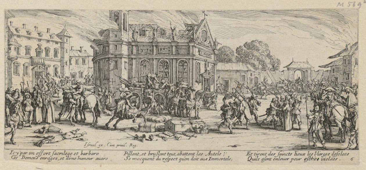 Vernietiging van een klooster, blad 6 uit de reeks „Ellende van de oorlog“ door Jacques Callot