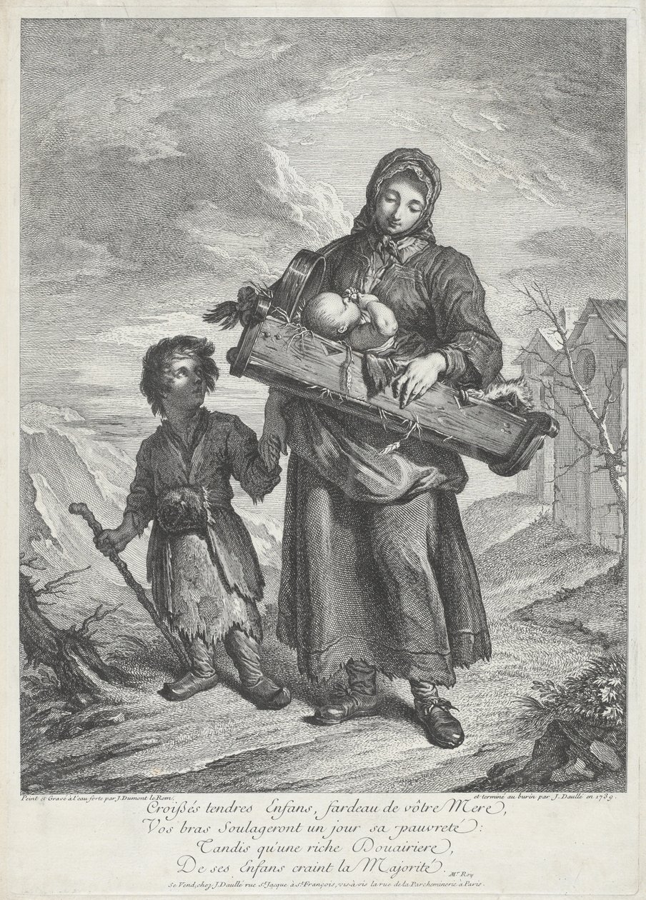 Een Jonge Moeder die een Wieg Draagt door Jacques Dumont Le Romain, finished by Jean Daullé