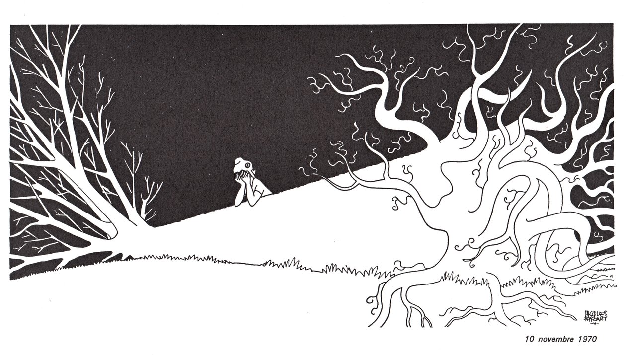 Marianne rouwt om de dood van generaal De Gaulle, voorgesteld door een geslachte eik. Tekening door Jacques Faizant