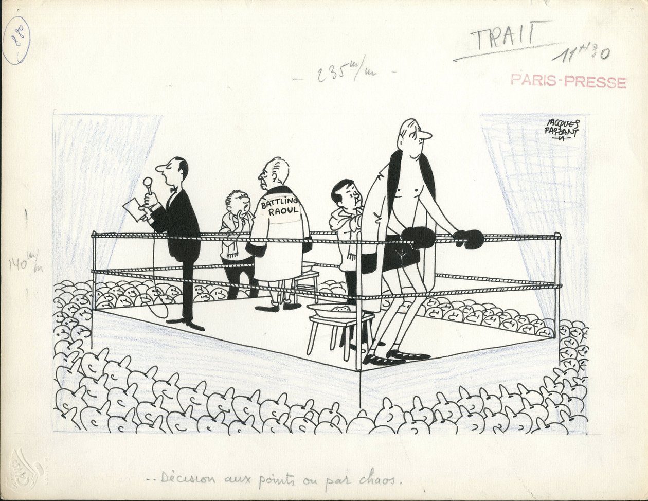Paris-Presse, Satirisch in B  W door Jacques Faizant