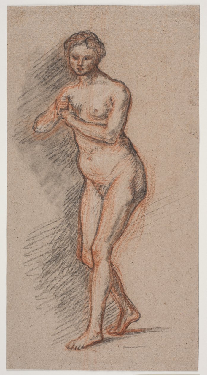 Vrouwelijk modelfiguur met handen voor de borst door Jacques Francois Joseph Saly