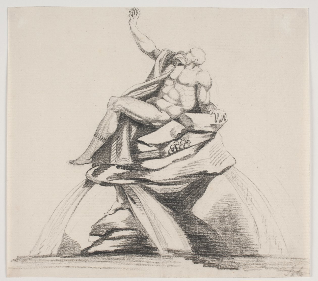 Mannelijke bebaarde figuur in gewaden in profiel gezien bij een fontein door Jacques Francois Joseph Saly