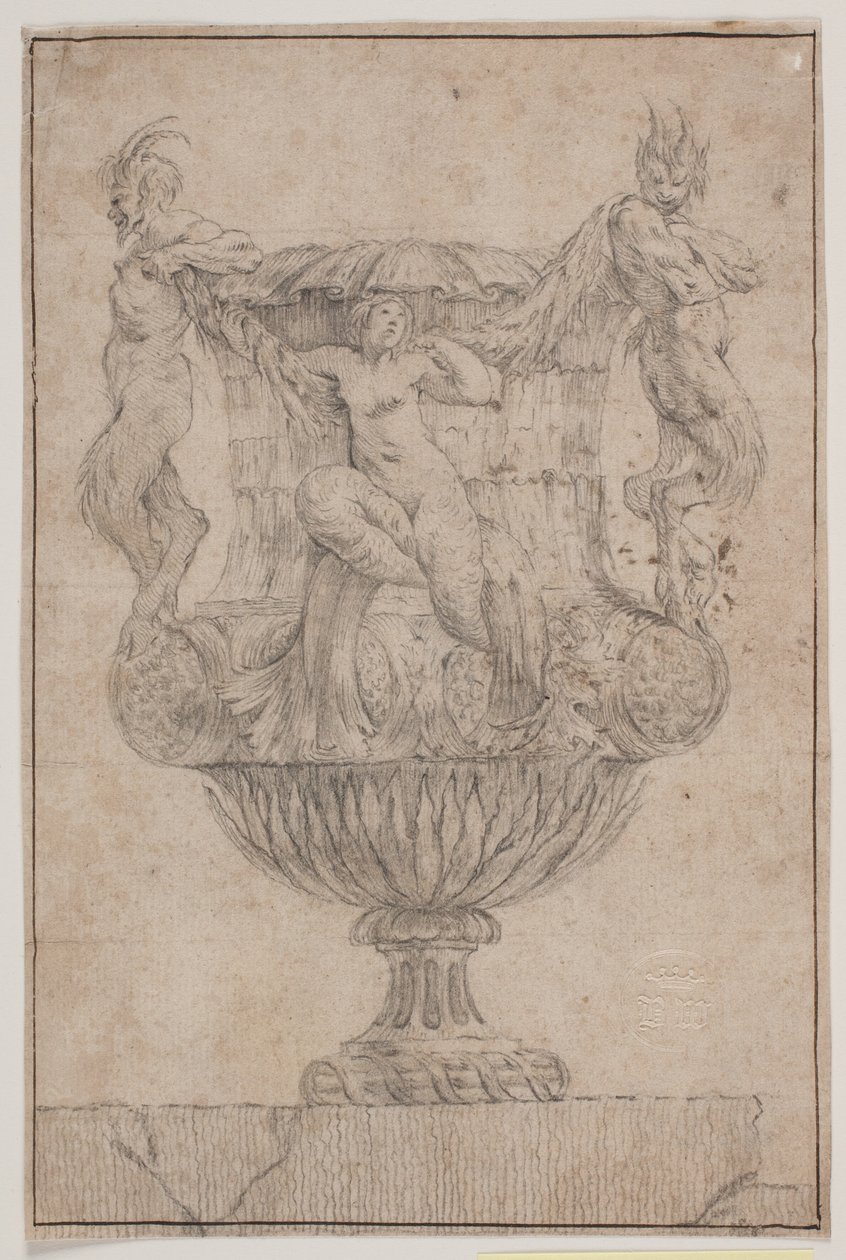 Sierlijke vaas met Pan, faun en nimf. Kopie naar Pl. 14 in de suite van de in 1746 door Saly getekende vazen. "Vasa a se inventa..." door Jacques Francois Joseph Saly