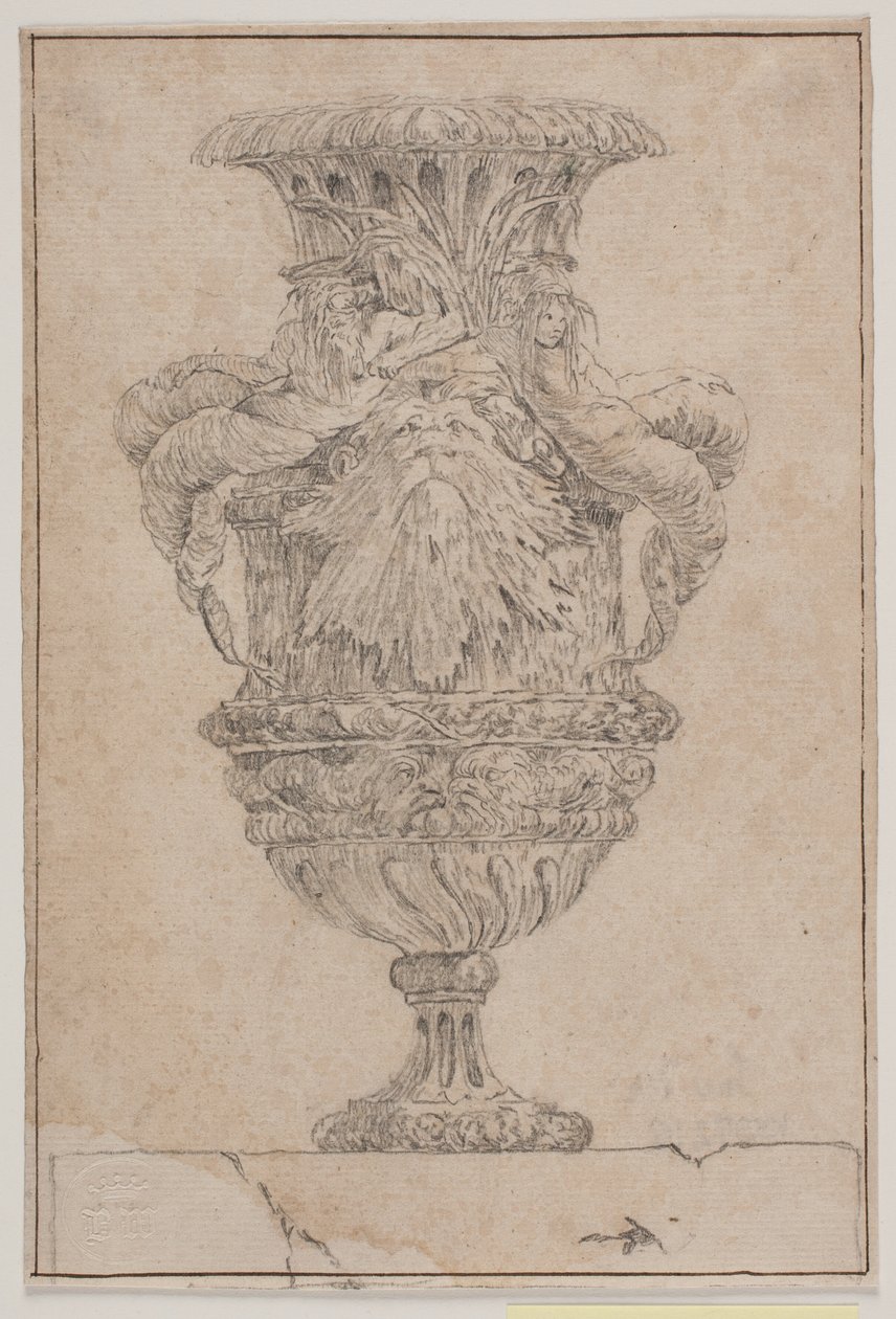 Sierlijke vaas met groot hoofd, zeegod en waternimf. Kopie naar Pl. 26 in de suite van de in 1746 door Saly getekende vazen. "Vasa a se inventa..." door Jacques Francois Joseph Saly
