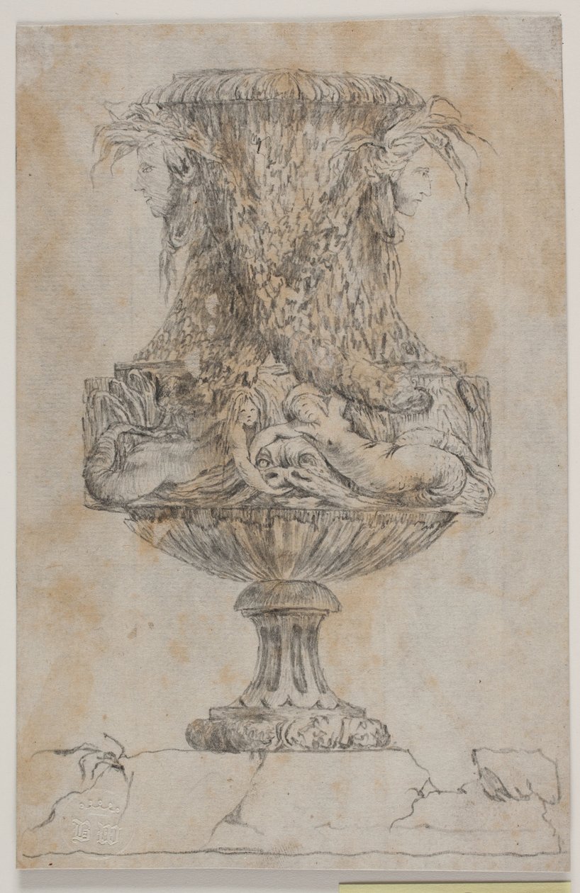 Prydvase met twee hoofden en twee waternimfen. Kopie naar Pl. 20 in de suite van de in 1746 door Saly getekende vazen. "Vasa a se inventa..." door Jacques Francois Joseph Saly