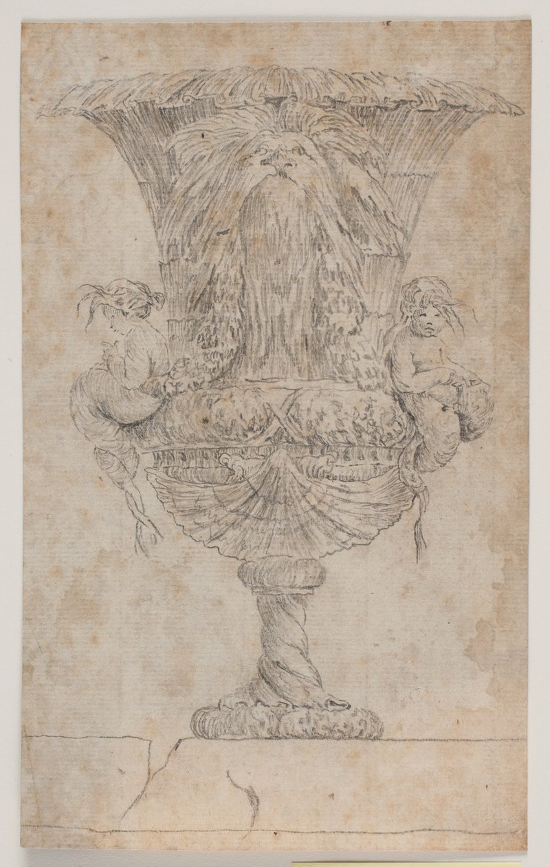 Sierlijke vaas met twee putti (zeemeerminnen?). Kopie naar gravure (pl. 9) in de suite van de in 1746 door Saly getekende vazen. "Vasa a se inventa..." door Jacques-Francois-Joseph Saly