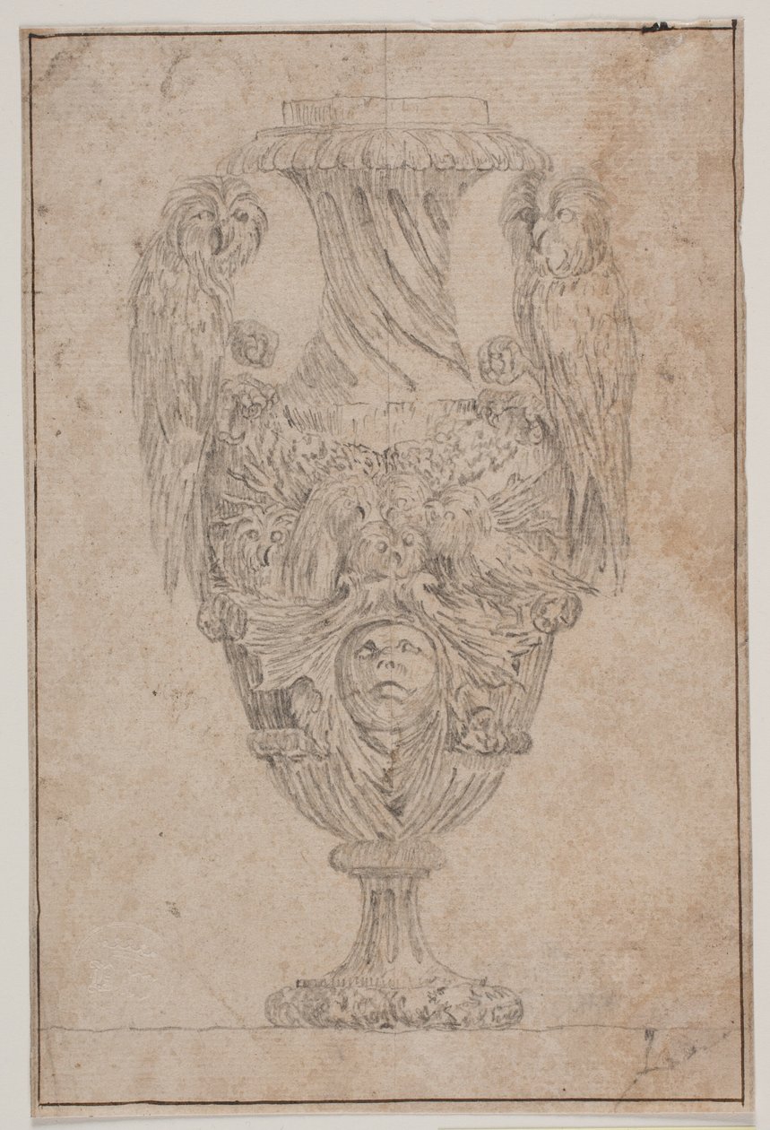 Sierlijke vaas met twee uilen en een hoofd. Kopie naar Pl. 15 in de suite van de in 1746 door Saly getekende vazen, "Vasa a se inventa..." door Jacques Francois Joseph Saly
