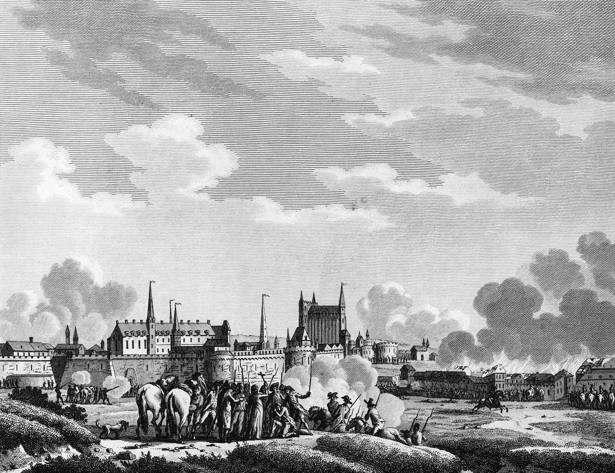 Franse Revolutie: Aanval op Nantes door de Vendeens op 29 juni 1793. Gravure door Berthaut naar Swebach. Parijs, Bibliotheek van het Instituut voor Geschiedenis van de Revolutie. door Jacques Francois Joseph Swebach