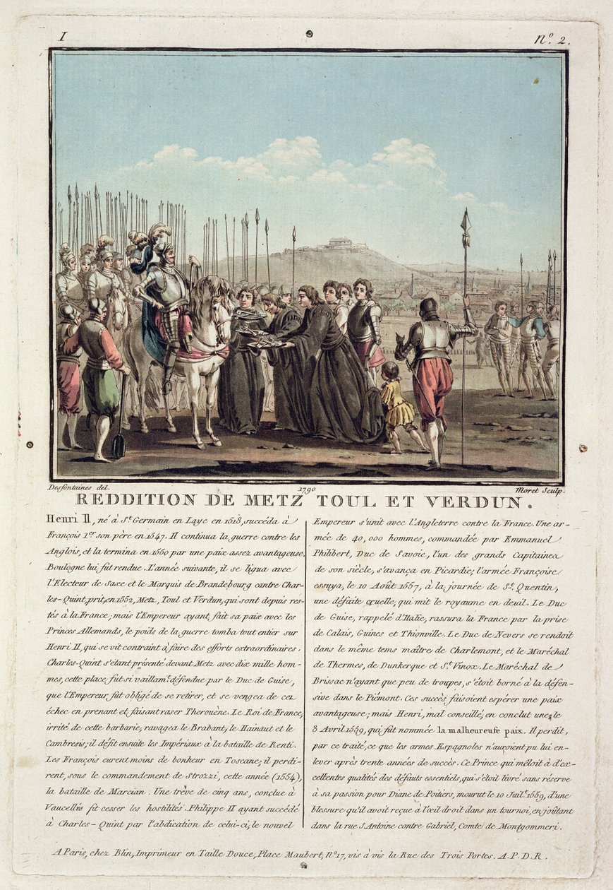 Henri II (1519-59) ontvangt de sleutels van Metz, Toul en Verdun (1552), gegraveerd door Jean Baptiste Morret, 1790 door Jacques Francois Joseph Swebach