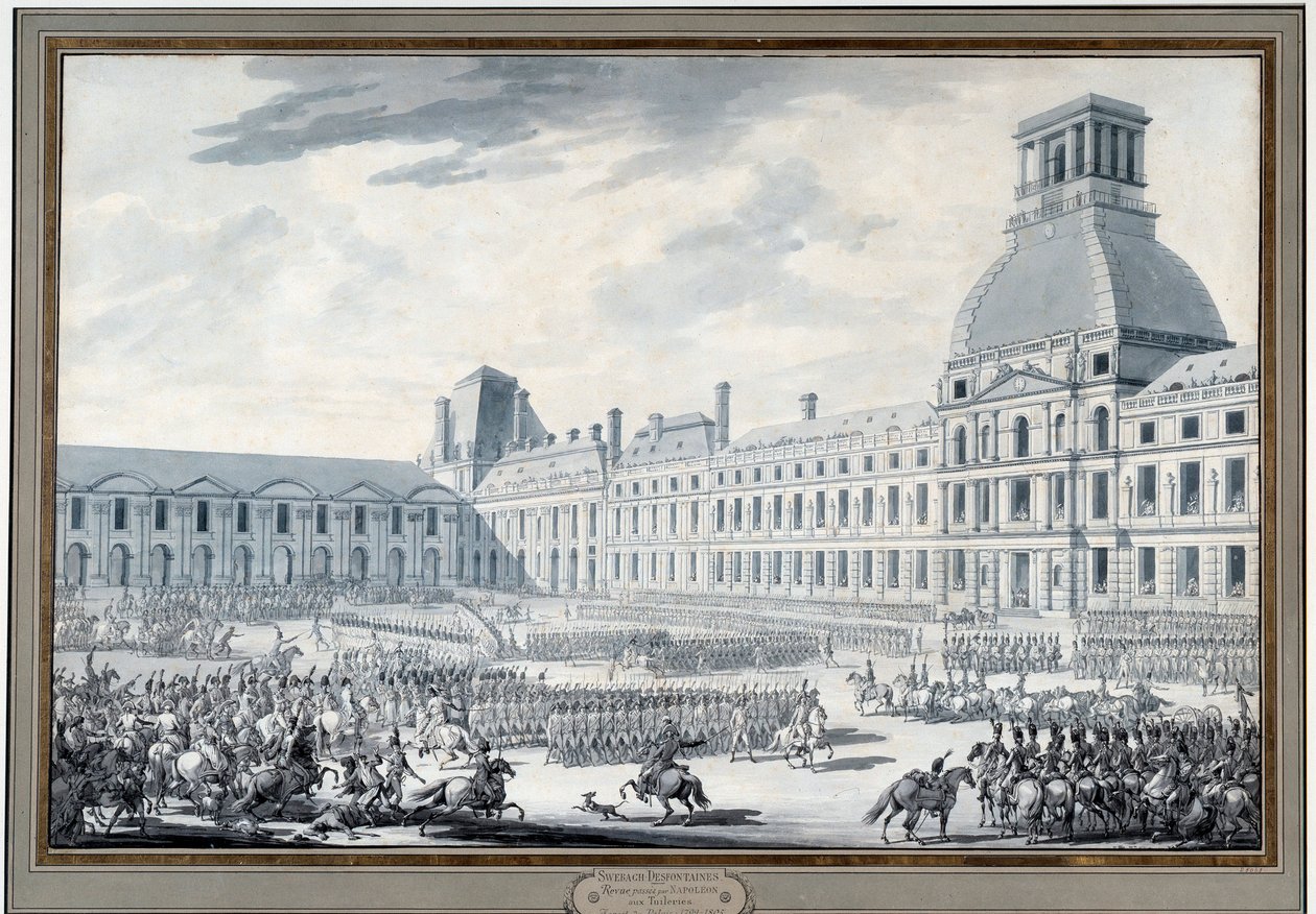 Revue van de troepen door Napoleon Bonaparte bij de Tuilerieën door Jacques Francois Joseph Swebach