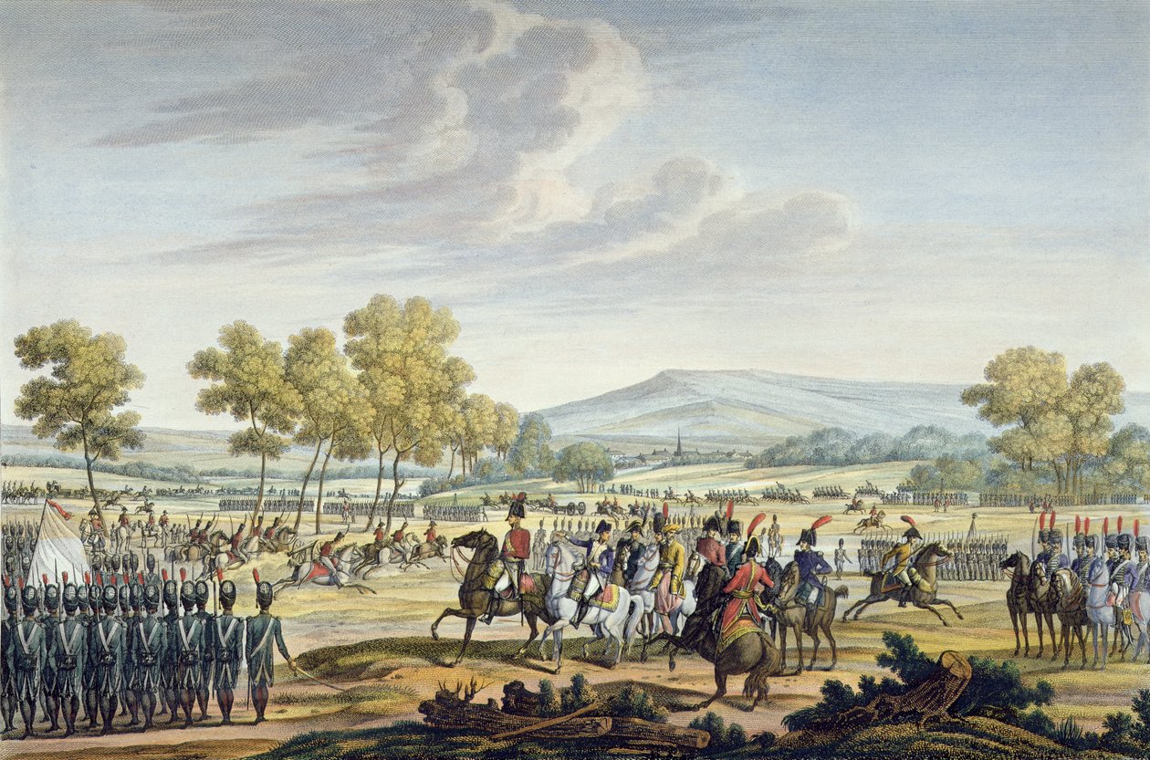De keizerlijke garde manoeuvreert in aanwezigheid van de twee keizers in Tilsit, 28 juni 1807, gegraveerd door Edme Bovinet door Jacques Francois Joseph Swebach