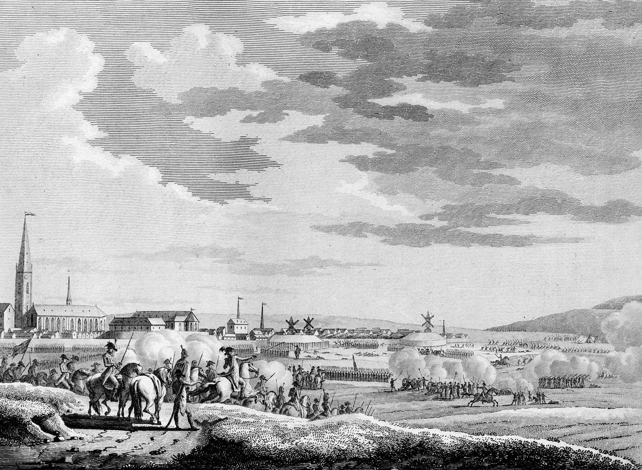 Oorlog van de Franse Revolutie en anti-revolutionaire bewegingen: Franse overwinning van de Slag bij Hondschoote nabij Duinkerken tegen de Britse en Oostenrijkse anti-revolutionaire troepen in 1793 door Jacques Francois Joseph Swebach