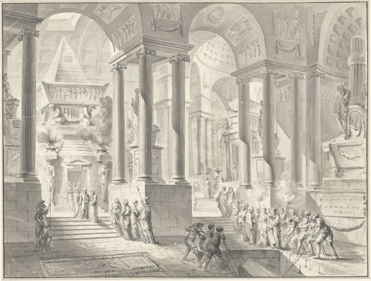 Begrafenis in een gefantaseerd klassicistisch interieur door Jacques François Blondel