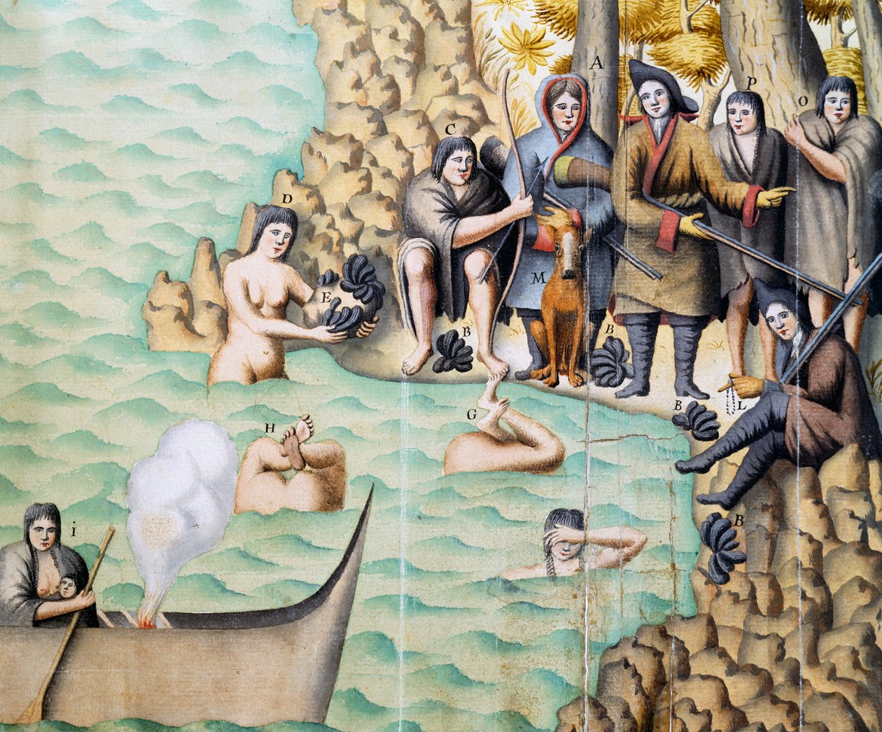 Inheemse vrouwen die schelpdieren vangen in de Straat van Magellan door Jacques Gouin de Beauchesne