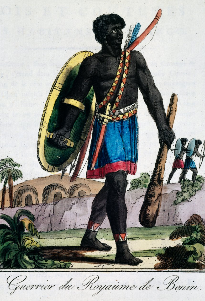Krijger uit Benin Afrika, gravure uit Reizende encyclopedie door Jacques Grasset de Saint Sauveur