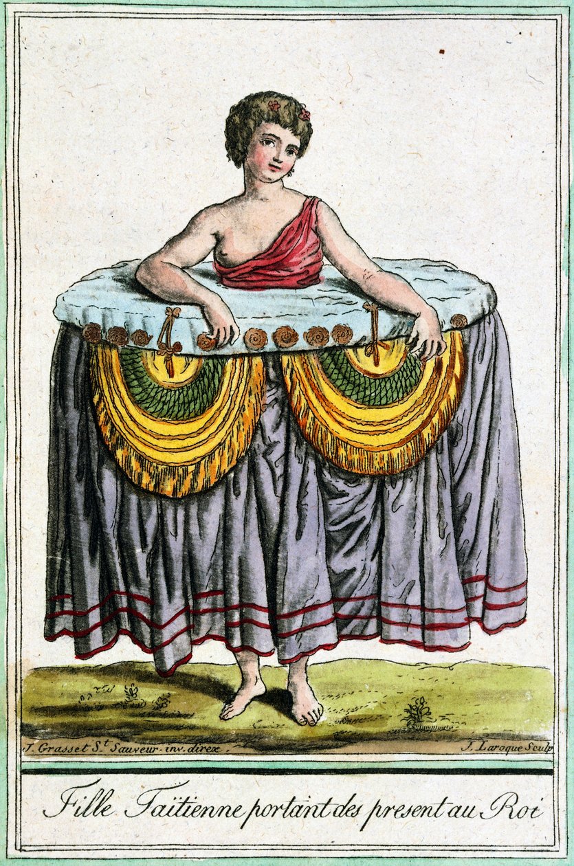 Jonge vrouw biedt geschenken aan de koning, Tahiti, Genootschapseilanden, gravure uit Encyclopedie van reizen, door Jacques Grasset de Saint-Sauveur door Jacques Grasset de Saint Sauveur