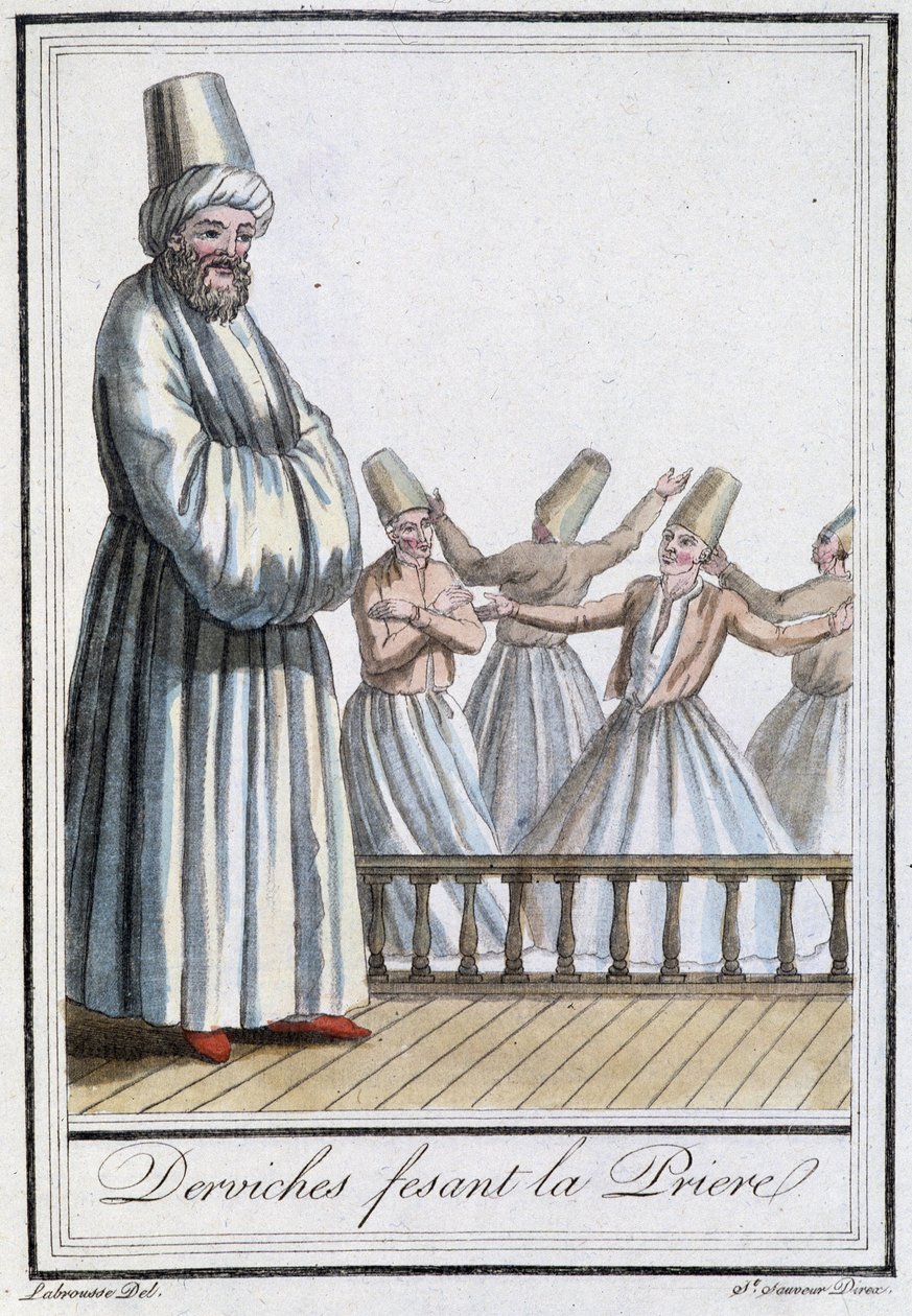 Derwisjen die bidden (draaiende derwisjen) - in "Encyclopédie des voyages" door Grasset Saint Sauveur, ed. Parijs 1796 door Jacques Grasset de Saint Sauveur