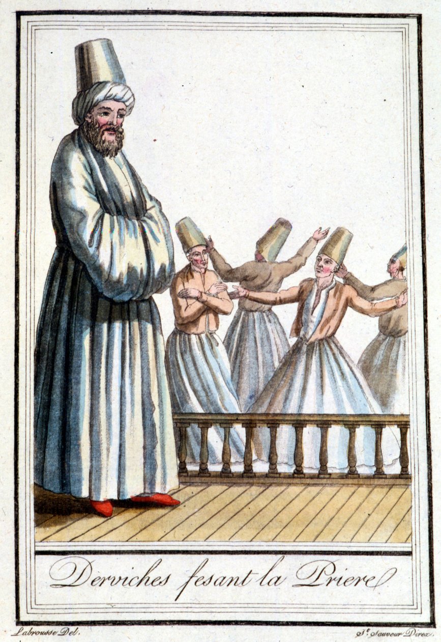 Dervishes die bidden (Dervishes tourneurs) - in "Encyclopedie van Reizen" door Grasset Saint Sauveur, ed. Parijs 1796 door Jacques Grasset de Saint Sauveur