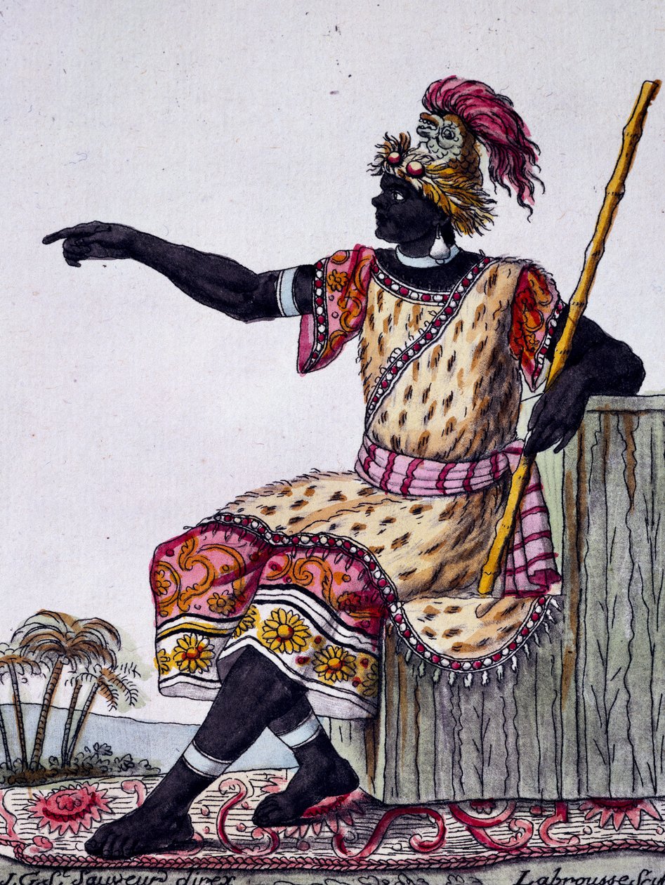 Koning van Loango, kleurgravure naar tekening door Labrousse (actief 1796), uit Encyclopedie van reizen, door Jacques Grasset de Saint-Sauveur (1757-1810) door Jacques Grasset de Saint Sauveur
