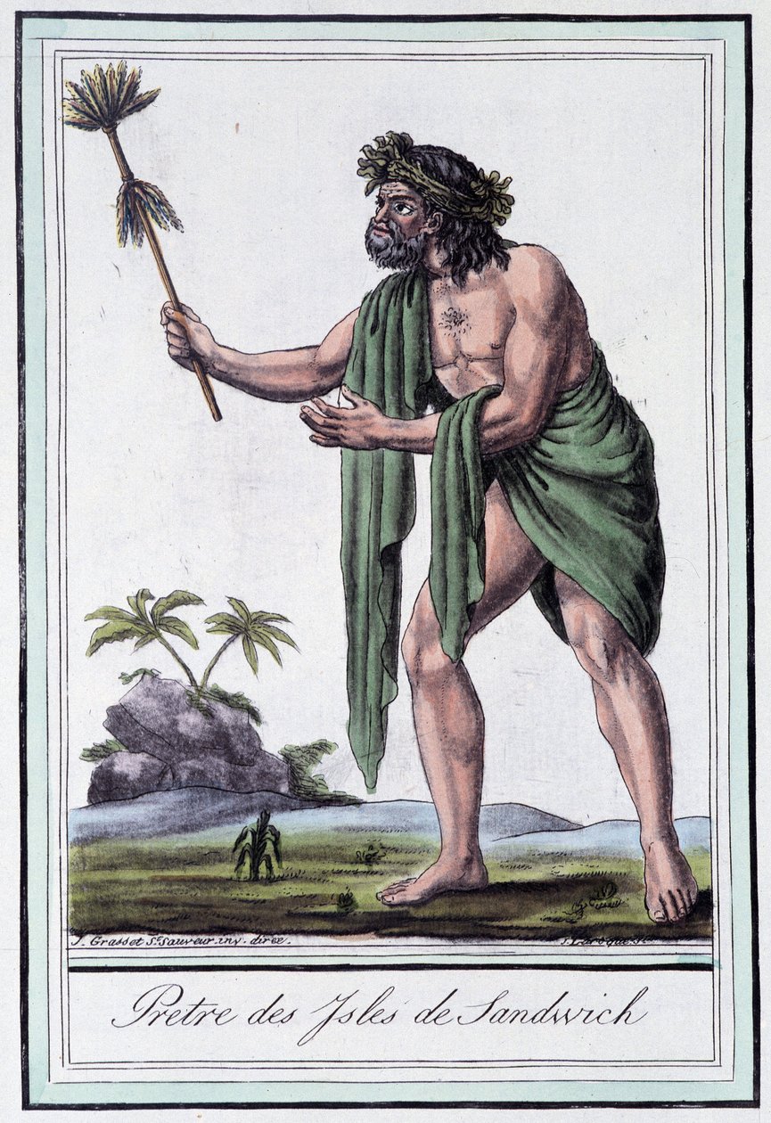 Priester van de Sandwich-eilanden - in "Encyclopédie des voyages" door Grasset Saint Sauveur, ed. Parijs 1796 door Jacques Grasset de Saint Sauveur