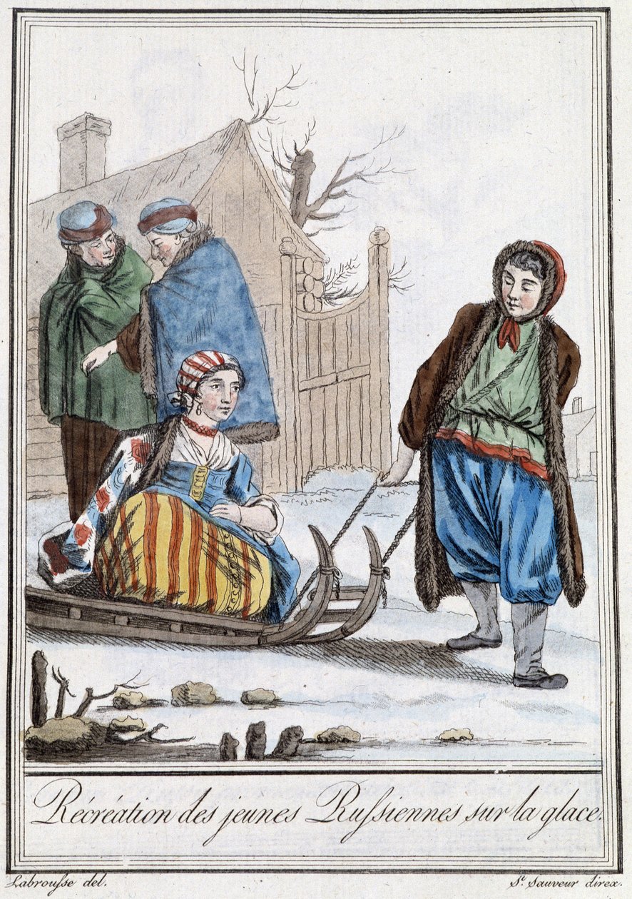 Recreatie van jonge Russinnen op een slee (Russen) - in 