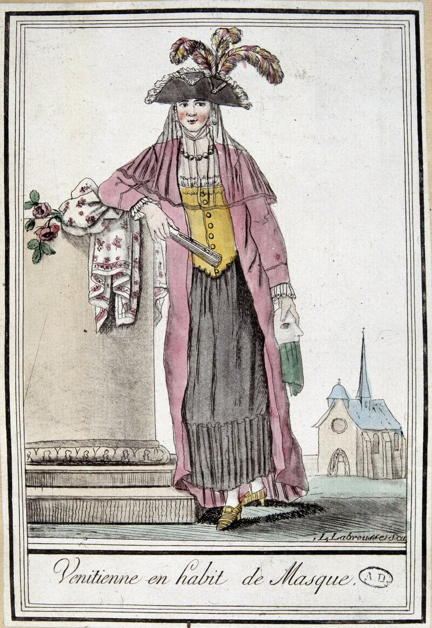 Venetiaanse in masker - in "Encyclopedie van Reizen" door Grasset Saint Sauveur, ed. Parijs 1796 door Jacques Grasset de Saint Sauveur