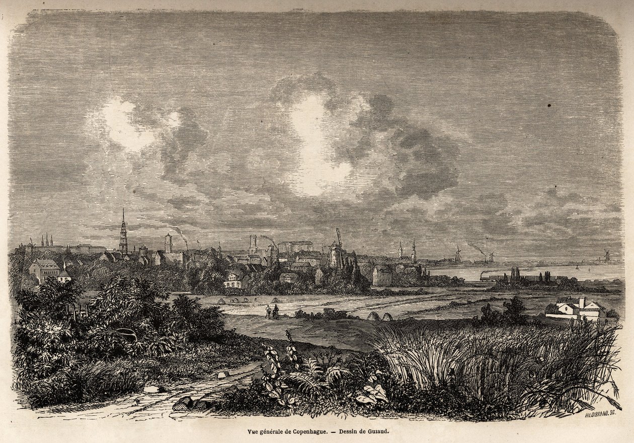 Algemeen uitzicht op Kopenhagen, tekening door Jacques Guiaud (1810-1876), ter illustratie van J.M. Dargaud