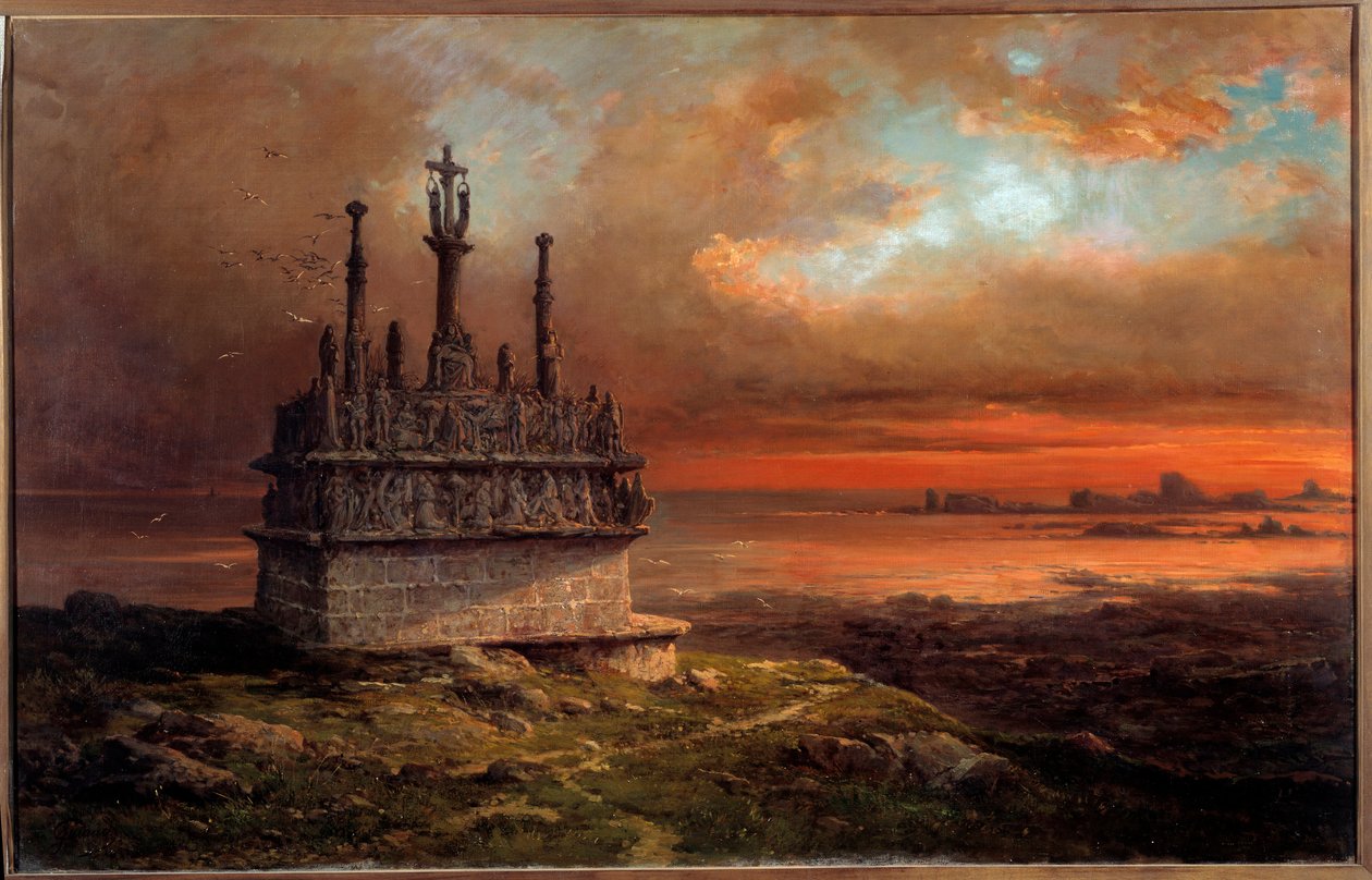 De Calvarie van Tronoen bij zonsondergang door Jacques Guiaud