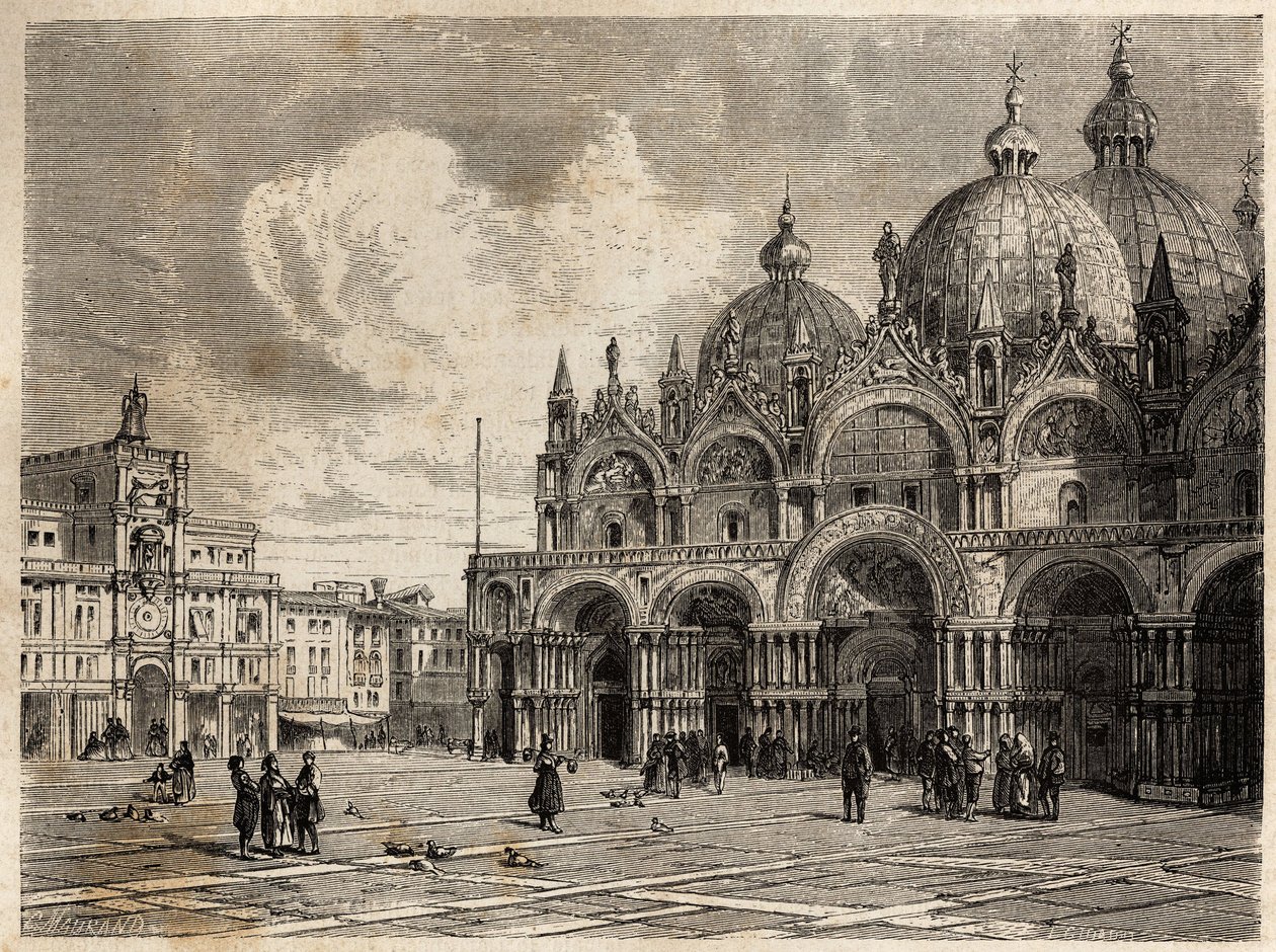 Het plein en de kerk van Sint-Marcus, tekening door Jacques Guiaud, ter illustratie van Adalbert de Beaumont