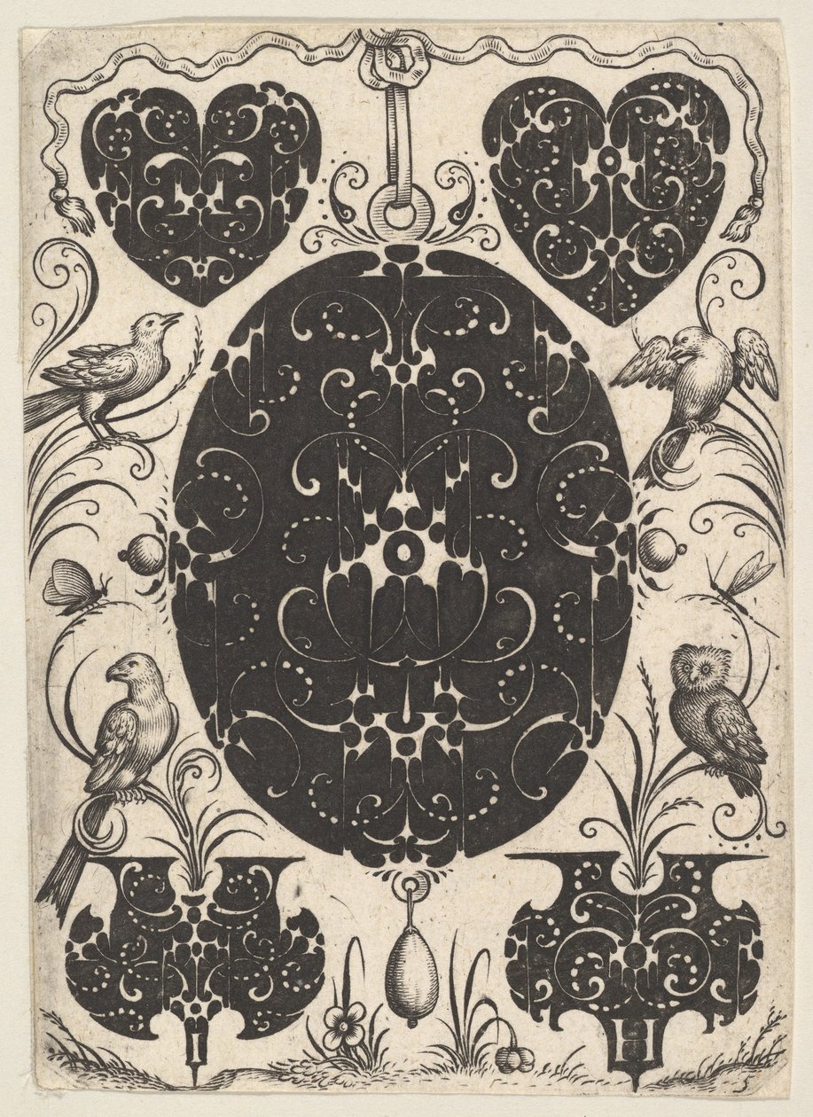 Ovale Hanger Versierd met Schweifwerk, Omgeven door Kleinere Motieven en Vier Vogels, ca. 1614-19 door Jacques Hurtu