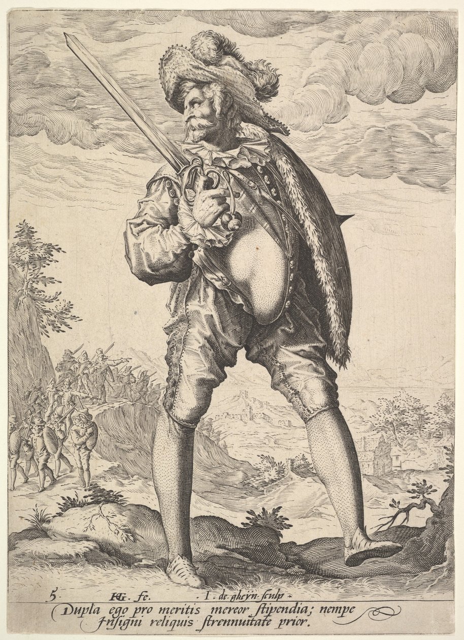 Soldaat, gewapend met breedzwaard en schild, uit Officieren en soldaten, 1587 door Jacques II de Gheyn