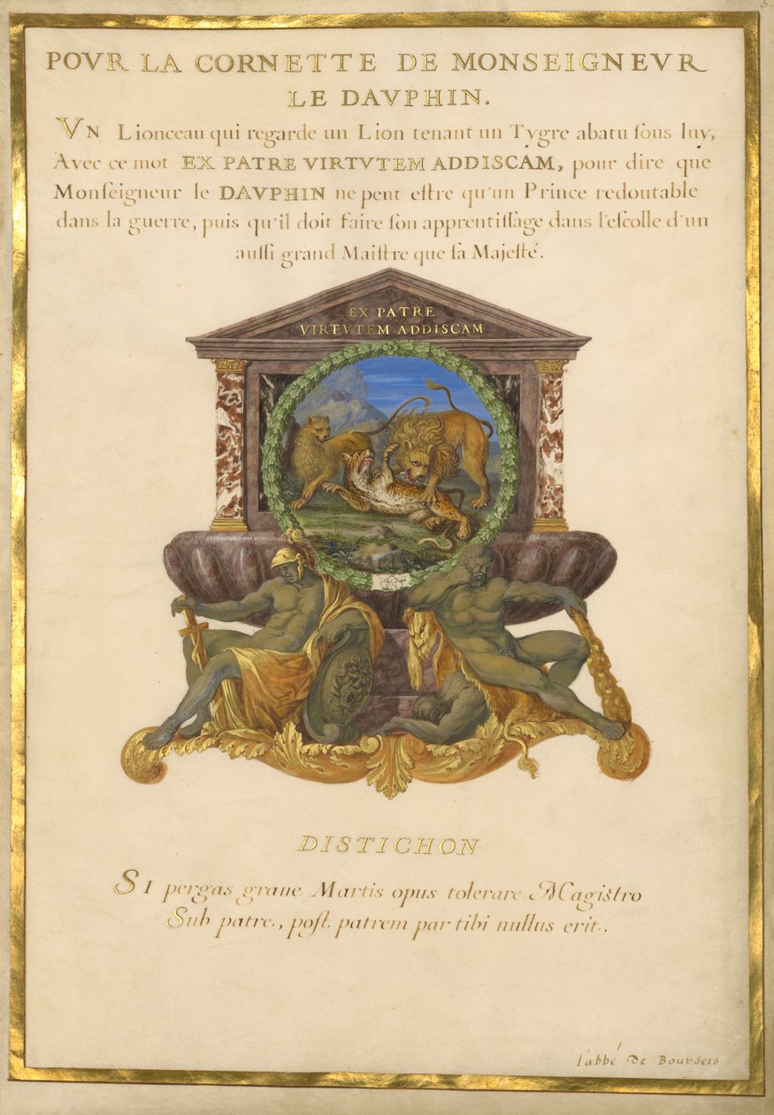 Ms. 11 (4) f.5, Embleem voor Lodewijk XIV, ca. 1663-68 (gouache & goud op perkament) door Jacques I Bailly