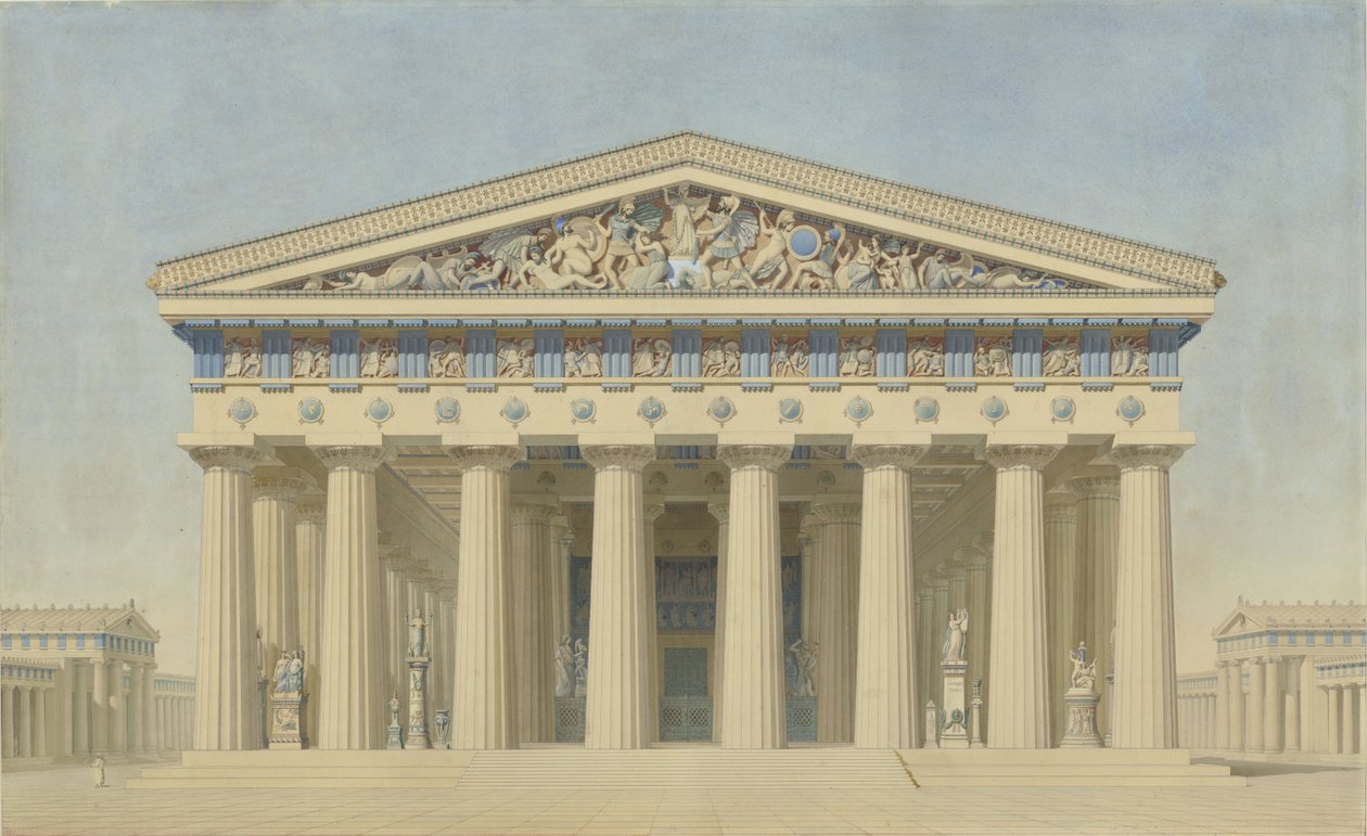 Tempel T in Selinunte (Sicilië), gerestaureerde elevatie van de hoofdgevel door Jacques Ignace Hittorff