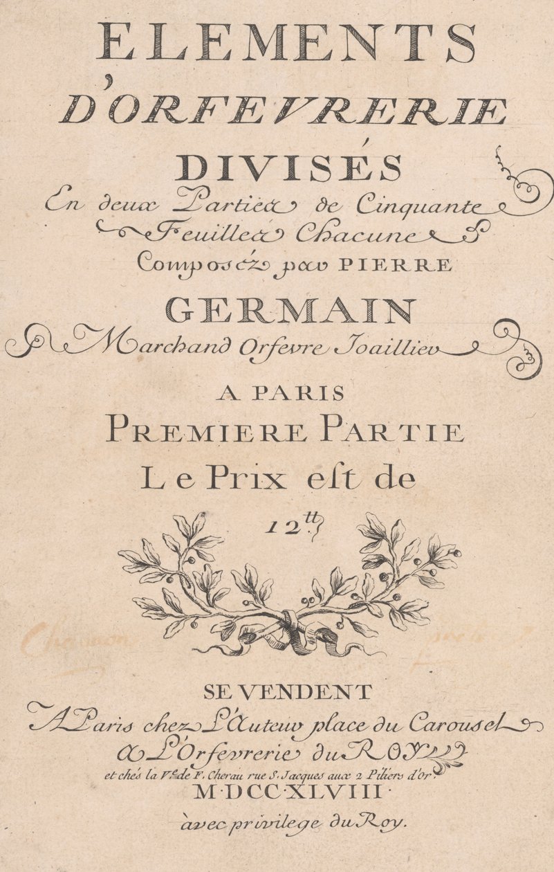 Elementen van edelsmeedkunst verdeeld in twee delen van vijftig bladen, 1748 door Jacques Jean Pasquier