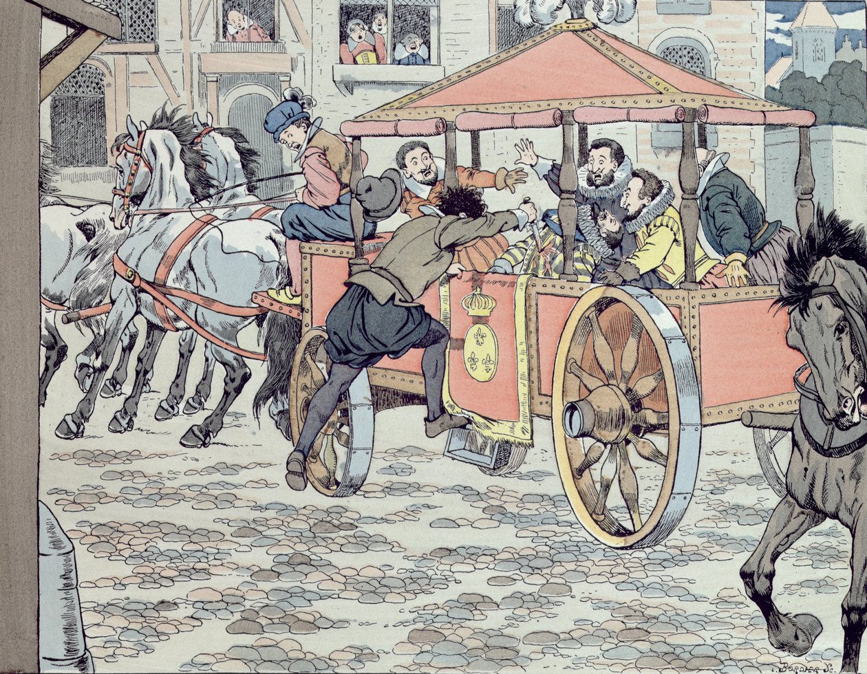 Moord op Hendrik IV door François Ravaillac in de rue de la Ferronerie op 14 mei 1610, c.1900 door Jacques Marie Gaston Onfray de Breville (Job)