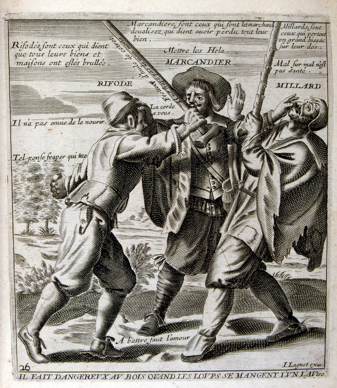17e eeuwse gegraveerde illustratie uit een verzameling spreekwoorden. Parijs 1657-1663. Door Jacques Lagniet (1620-1675). Franse graveur. Van hem veel maatschappijkritische gravures en spotprenten zoals zijn soms groteske en fantastische illustraties door Jacques Lagniet