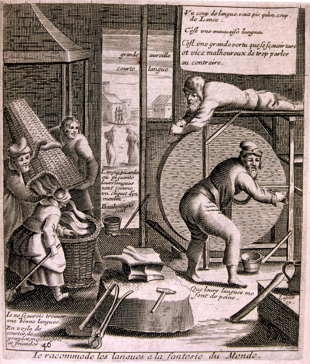17e eeuwse gegraveerde illustratie uit een verzameling spreekwoorden. Parijs 1657-1663. Door Jacques Lagniet (1620-1675). Franse graveur. Van hem veel maatschappijkritische gravures en spotprenten zoals zijn soms groteske en fantastische illustraties door Jacques Lagniet