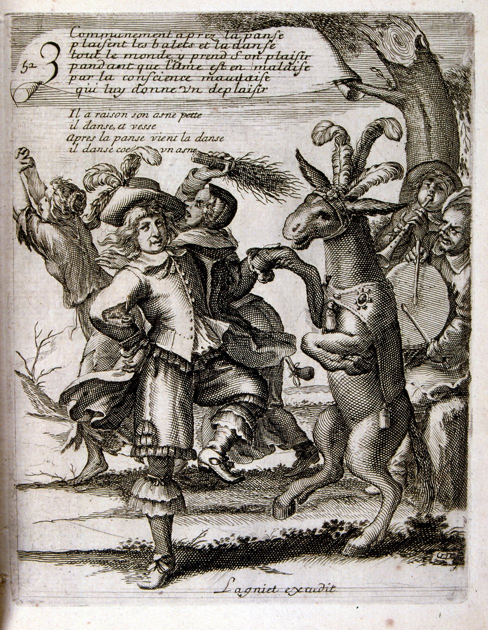 17e eeuwse gegraveerde illustratie uit een verzameling spreekwoorden. Parijs 1657-1663. Door Jacques Lagniet (1620-1675). Franse graveur. Van hem veel maatschappijkritische gravures en spotprenten zoals zijn soms groteske en fantastische illustraties door Jacques Lagniet