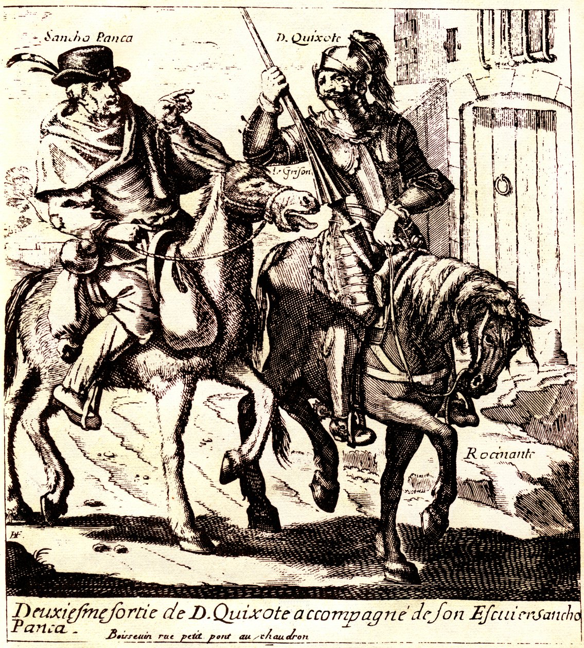 Don Quichot op Rossinante, vergezeld door Sancho Panza op zijn ezel Grison, ca. 1640 (illustratie) door Jacques Lagniet