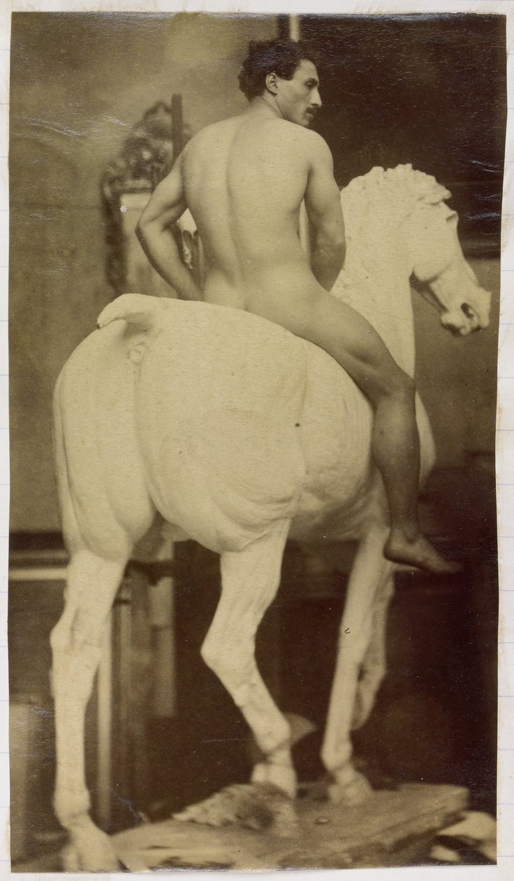Studie van een mannelijk naaktmodel, gezeten op een gipsen paard, mogelijk voorstudie voor Ruiterportret, Museum voor Schone Kunsten Gent door Jacques Lalaing (attributed to)