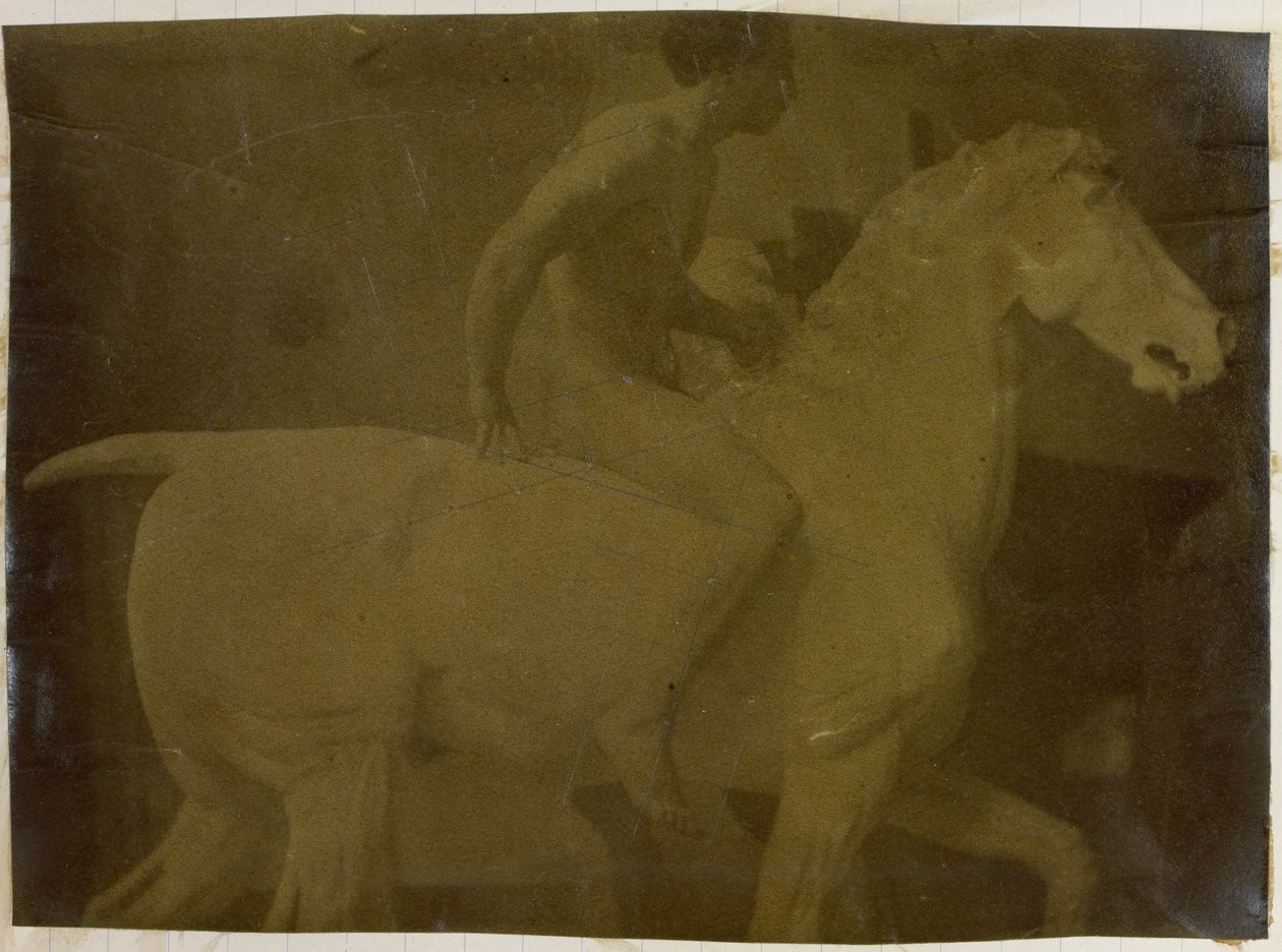 Studie van een mannelijk naaktmodel, gezeten op een gipsen paard, mogelijk voorstudie voor Ruiterportret, Museum voor Schone Kunsten Gent door Jacques Lalaing (attributed to)