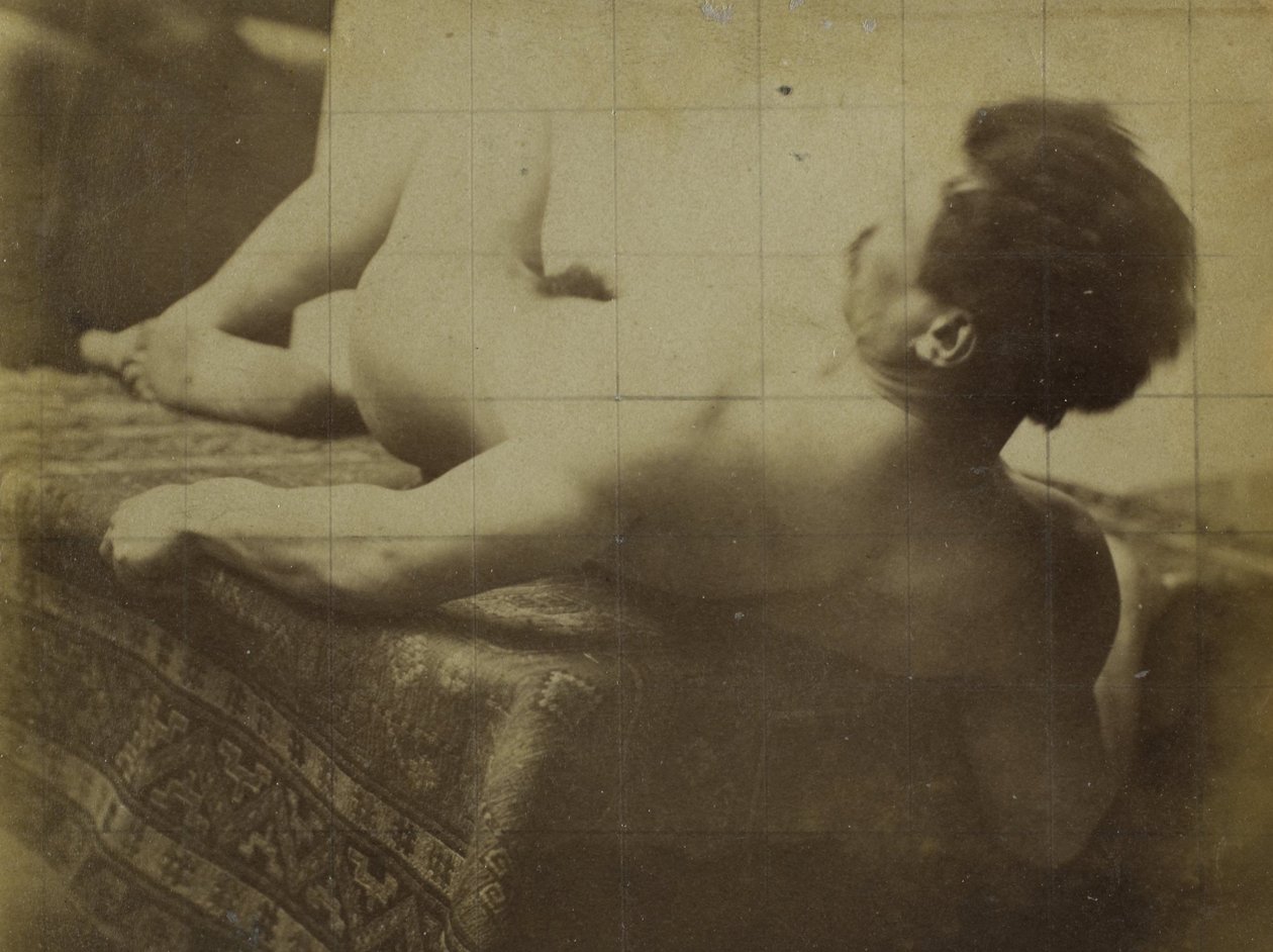 Studie van een mannelijk naaktmodel, liggend, in het atelier van Jacques de Lalaing door Jacques Lalaing (attributed to)