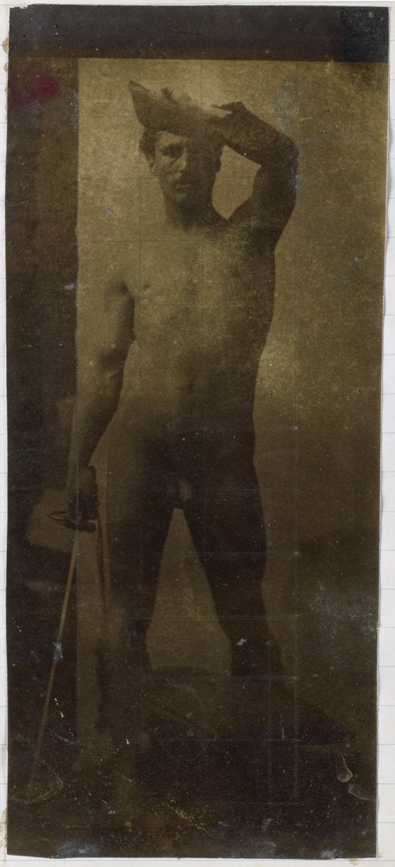 Studie van een mannelijk naaktmodel, rechtop staand en van voren gezien, in het atelier van Jacques de Lalaing door Jacques Lalaing (attributed to)